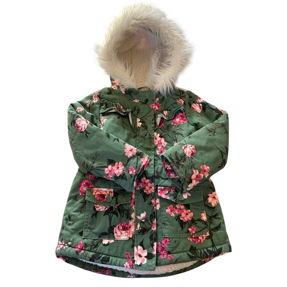 Toddler Girls Floral Parka Jacket Size 5T - Green-Pink. Sherpa Lined - Picture 5 of 11